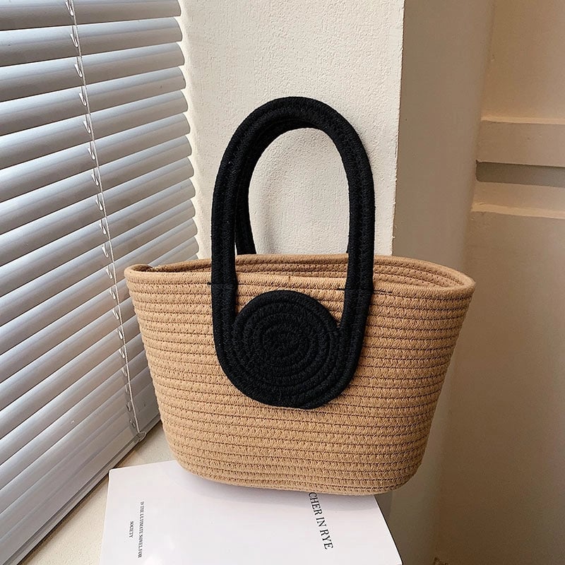 Women's Large Cotton Solid Color Vacation Weave Bucket Open Tote Bag