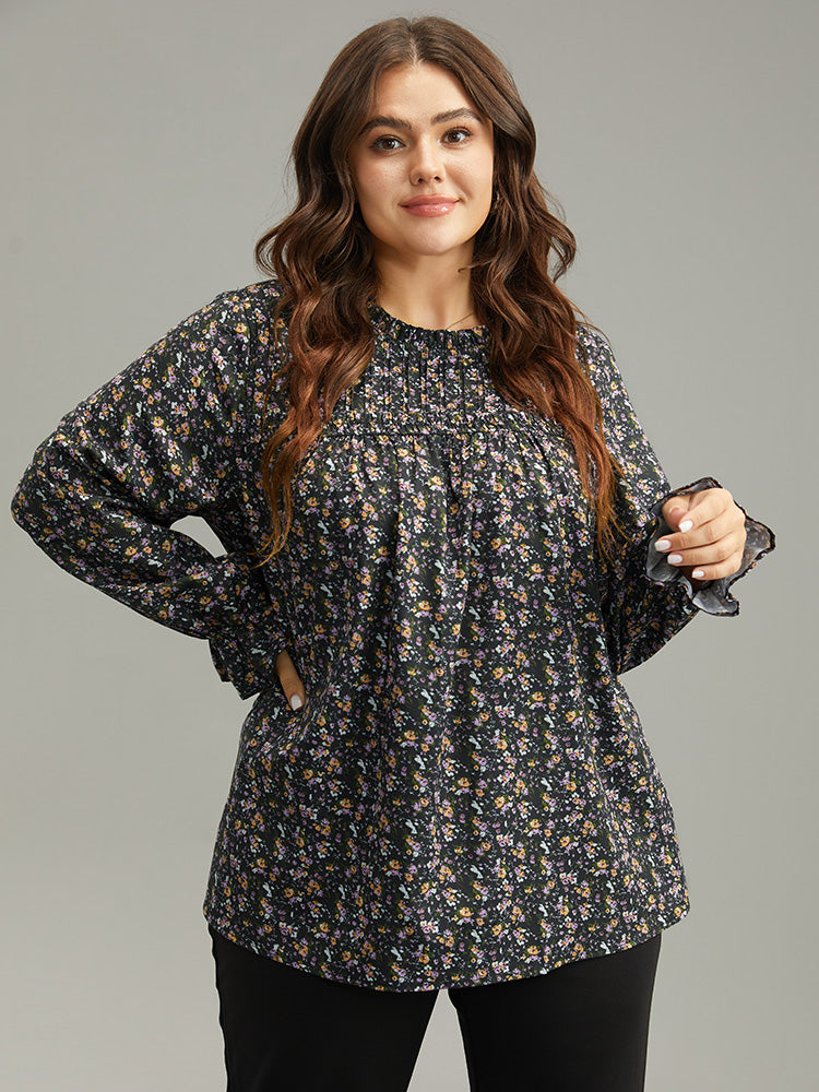 Ditsy Floral Stand Collar Pleated Blouse