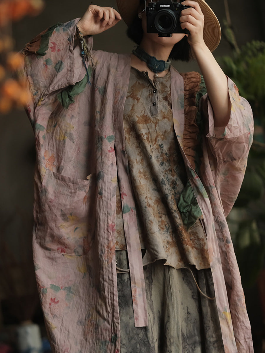 Women Summer Vintage Flower Spliced V-Neck Ramie Shirt Coat