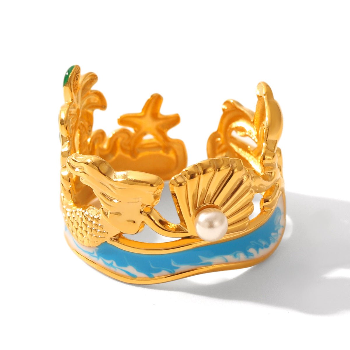 Ocean Style Mermaid Pearl Shell Oil Drop Ring Stainless Steel Gold-Plated Open Ring Design Hand Jewelry