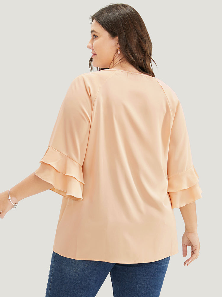 Plain Ruffle Tiered Round Neck Blouse