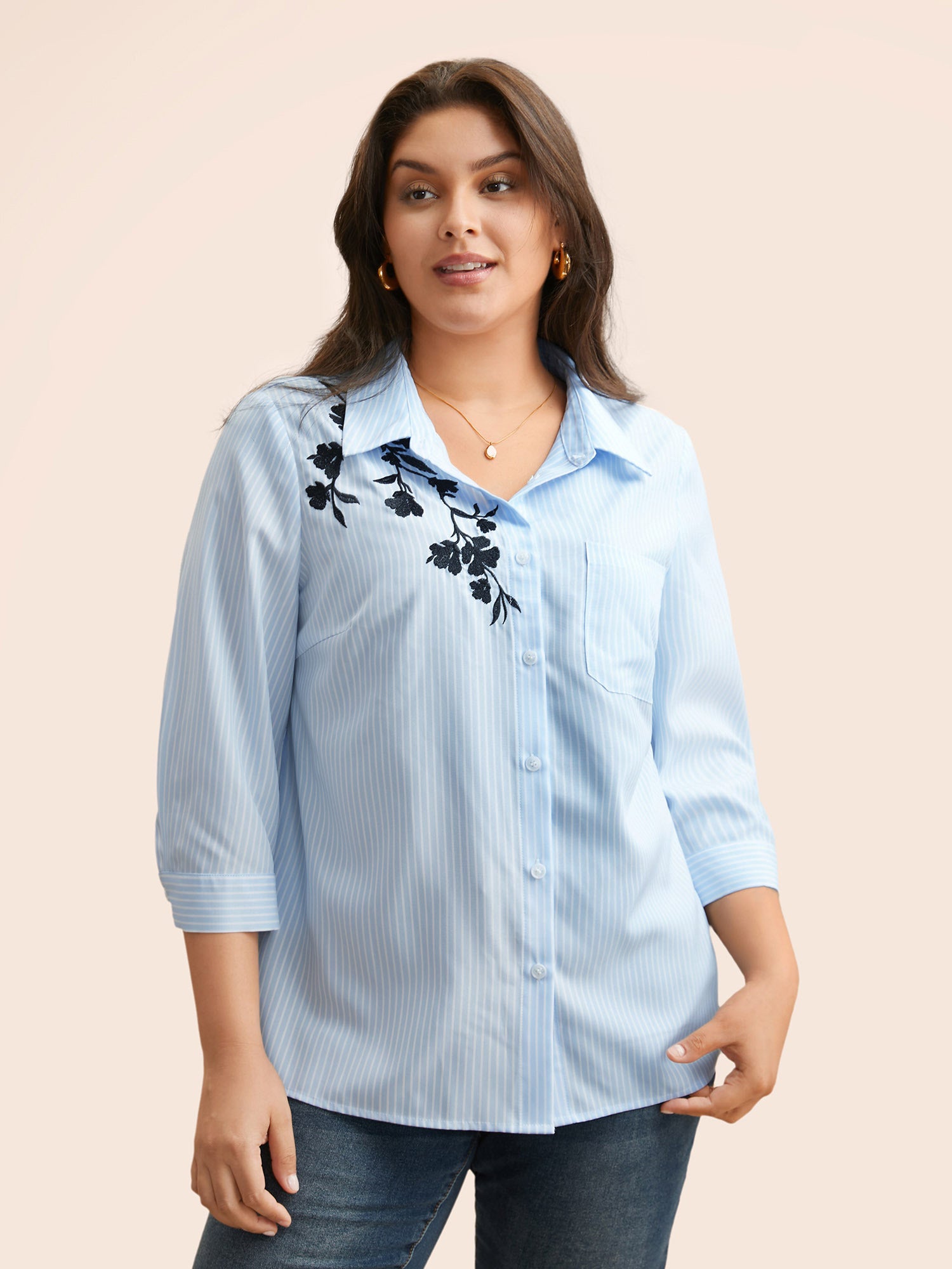 Floral Embroidered Striped Patched Pocket Blouse