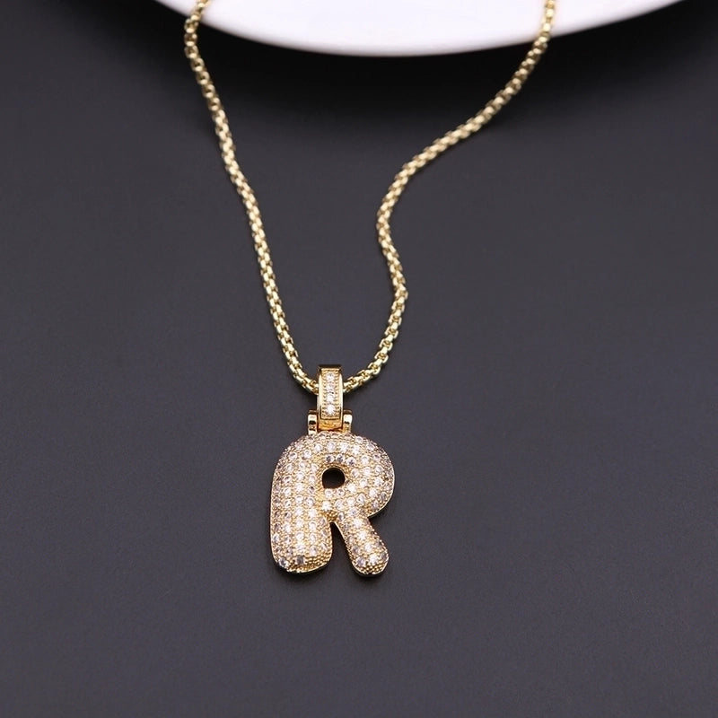 Copper Minimalist Shiny Plating Hollow Out Inlay Letter Zircon Pendant Necklace