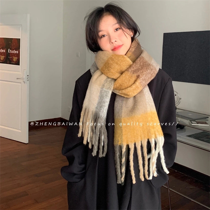 Knock On The Beauty Drop ~ A Big Love Thick Braid Rainbow Checkered Color Matching Scarf Winter Cashmere Plaid Tassel Shawl
