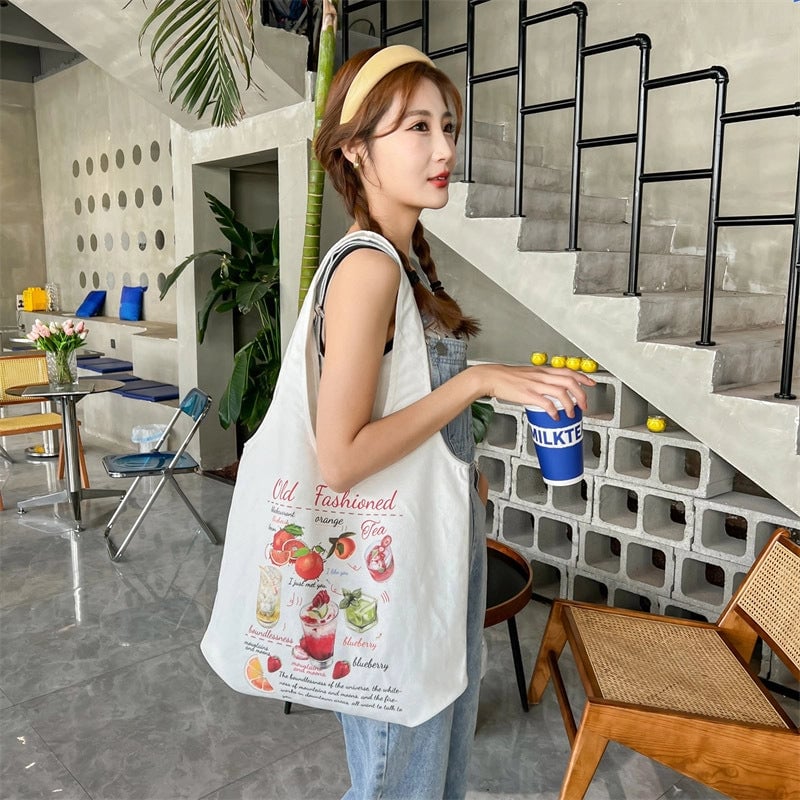 Women's Large Canvas Cartoon Fruit Cute Streetwear Square Open Canvas Bag