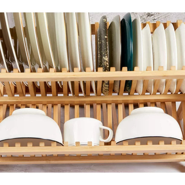 Foldable Bamboo Dish Drying Rack Holder - Wooden Flatware Dish Rack