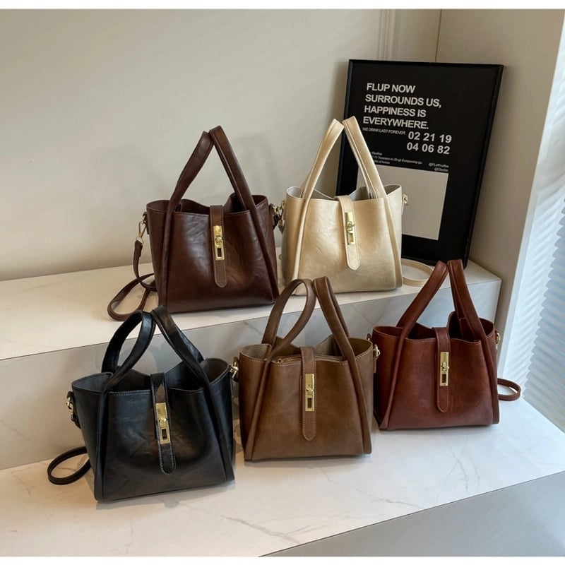 Women's Pu Leather Solid Color Basic Sewing Thread Bucket Lock Clasp Shoulder Bag Handbag Crossbody Bag