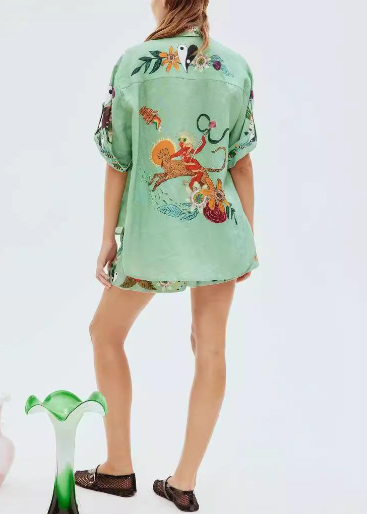 Bohemian Green Print Elastic Waist Shirts And Shorts Linen Two Piece Set Summer