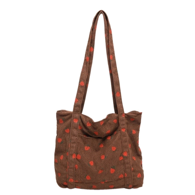 Women's Large Corduroy Strawberry Cute Square Zipper Shoulder Bag
