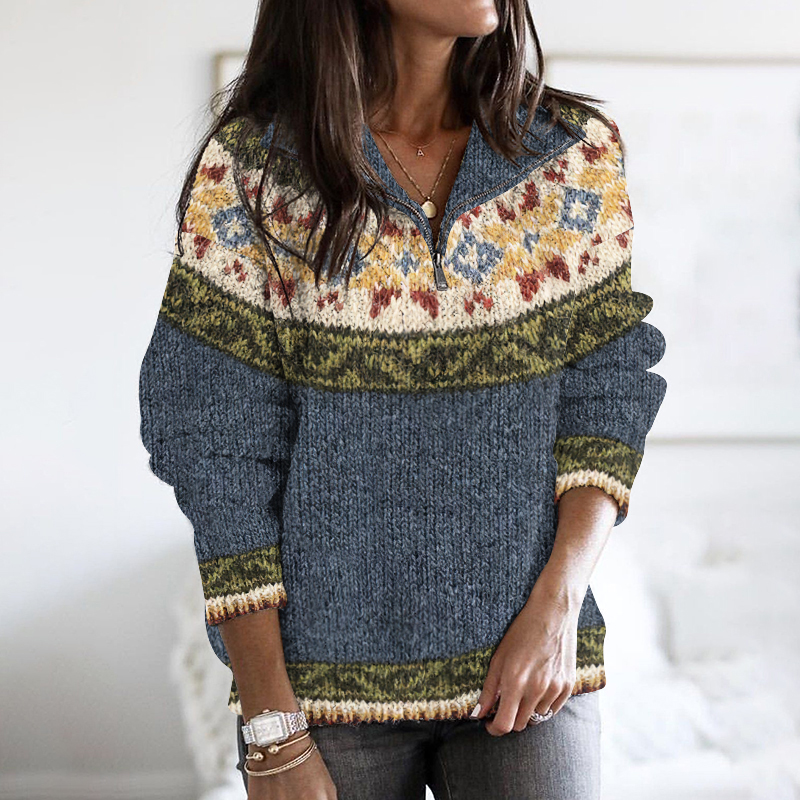 Retro Geometric Knitted Button Down Ziper Cozy Sweater