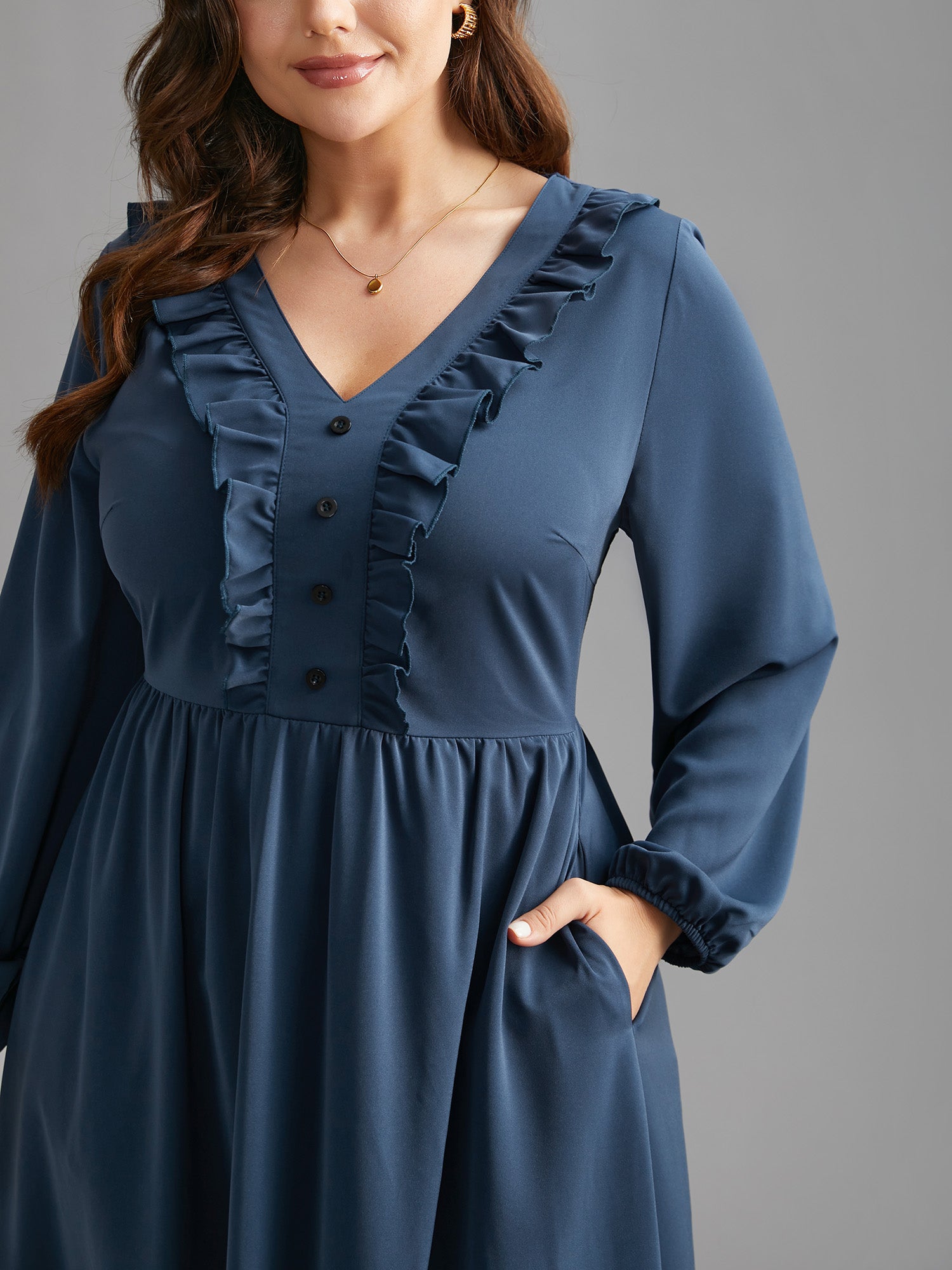 Solid Ruffle Trim Elastic Waist Midi Dress