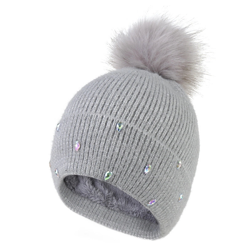 Women's Cute Sweet Solid Color Pom Poms Rhinestone Eaveless Wool Cap