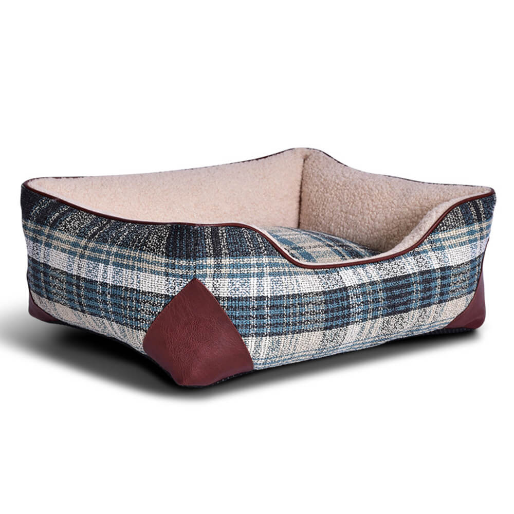 Square Vintage Plaid Faux Sherpa PU Leather Dog & Cat Bed