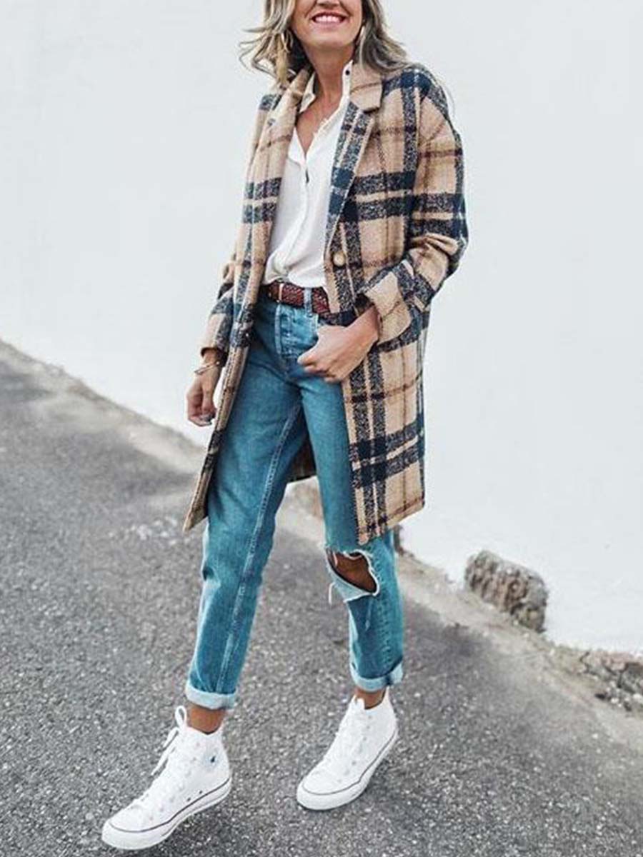 Loose Plaid Wool Coat