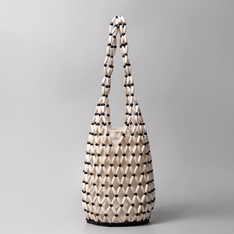 Women's Medium Wooden Beads Polyester Cotton Color Block Basic Vacation Open Straw Bag