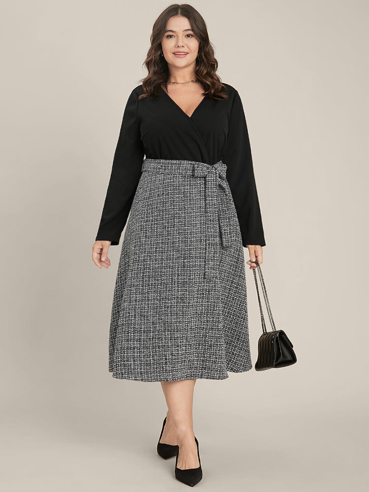 Plaid Patchwork Surplice Neck Belted Tweed Dress