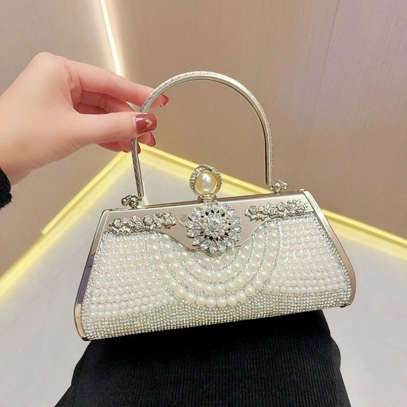 Gold Silver Black Pu Leather Solid Color Pearls Square Evening Bags