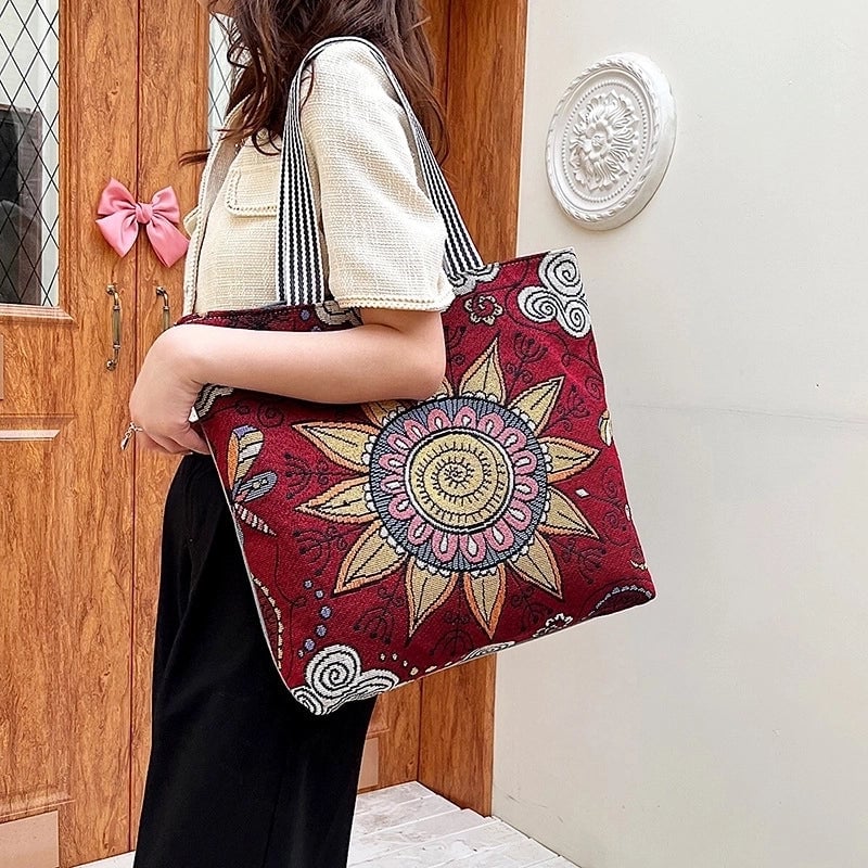 Women's Medium Canvas Geometric Vacation Ethnic Style Zipper Canvas Bag