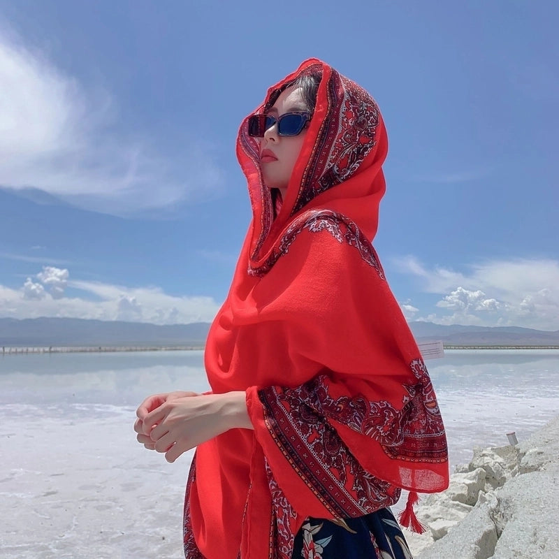 Ethnic Style Shawl Scarf Dual-use Sun Protection By The Sea Beach Scarf Red Large Gauze Scarf Female Desert Travel Photography Summer