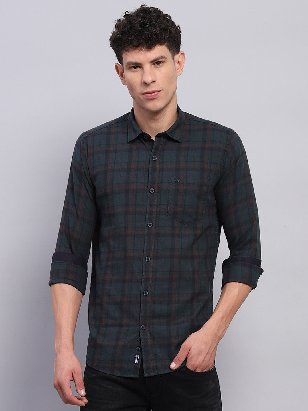 Men Green Check Collar Full Sleeve Shirt