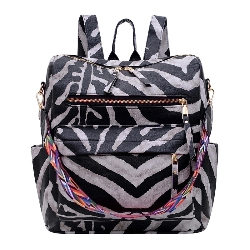Women's Large All Seasons Pu Leather Plaid Leopard Streetwear Square Zipper Fashion Backpack