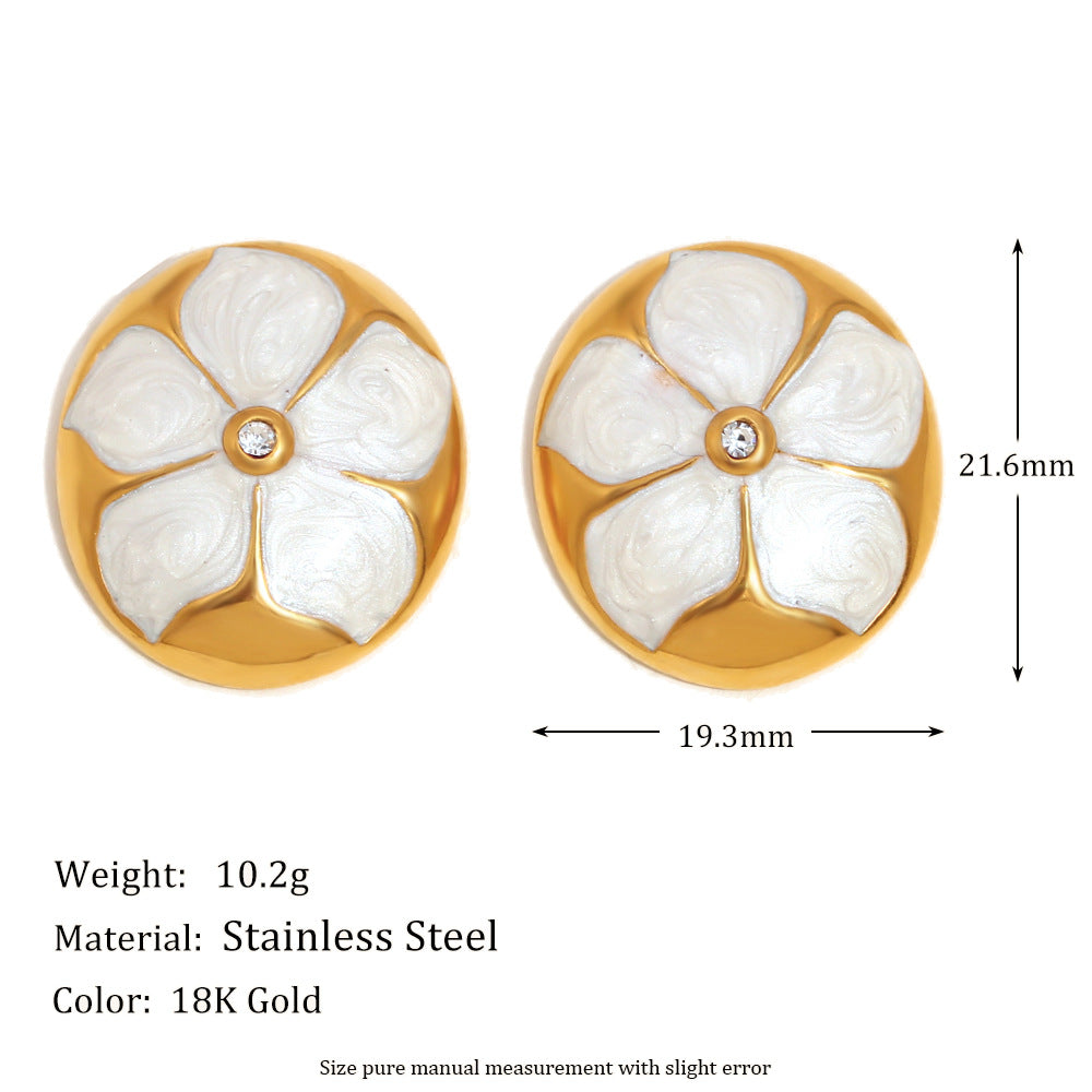 Simple And Versatile Design Stainless Steel Plated With 18K Gold Three-Dimensional Hollow Flower Oval Pearl Zircon