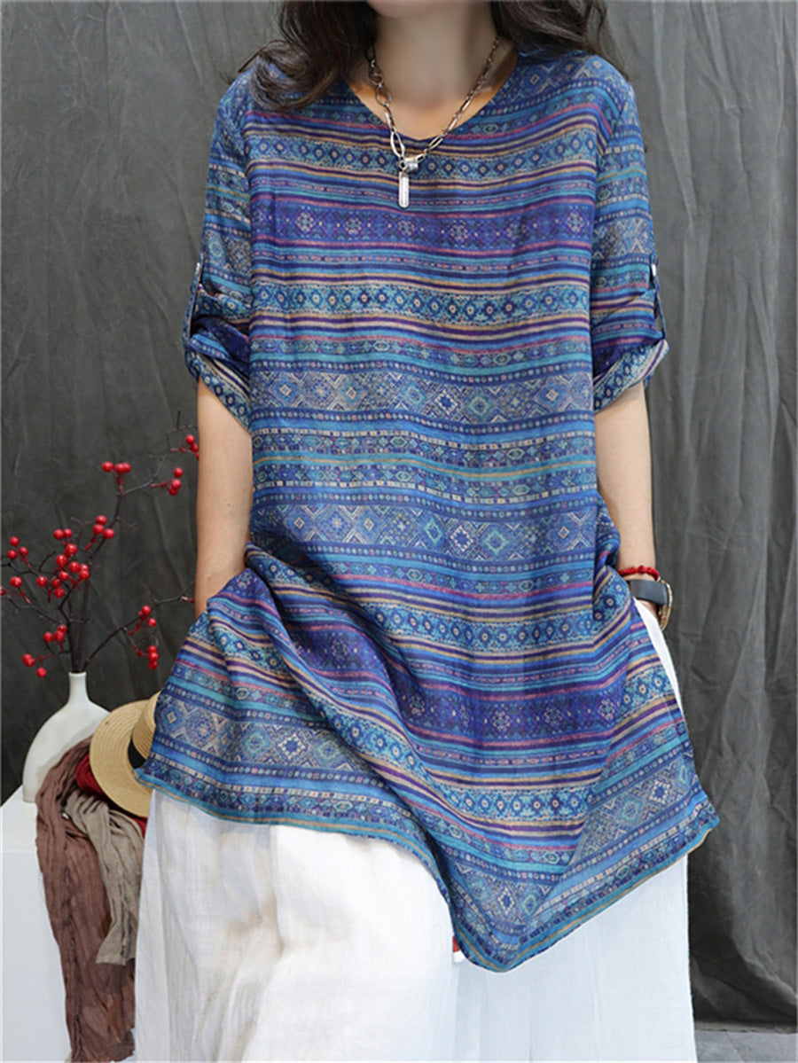 Women Summer Retro Geometric V-Neck 100%Ramie Shirt