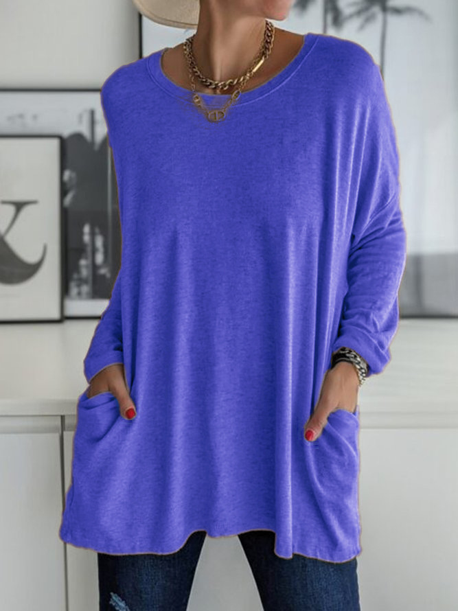 Round Neck Long Sleeve Loose Pocket Solid T-Shirt