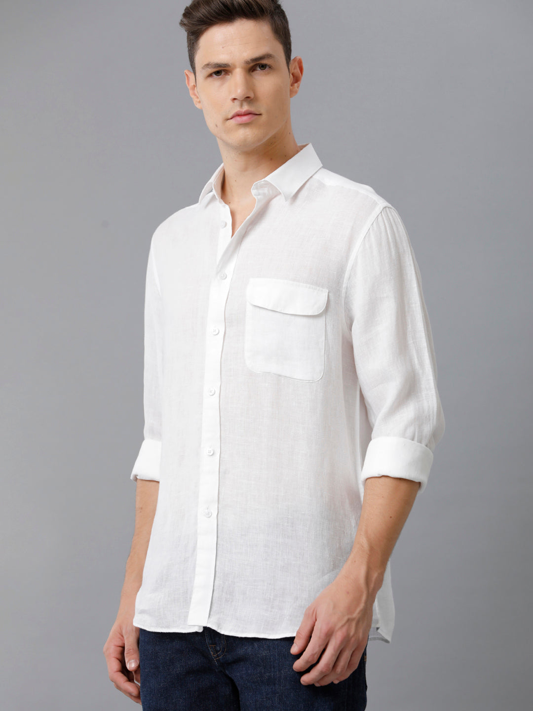 Mens Regular Fit Solid White Casual Linen Shirt (LINNO)