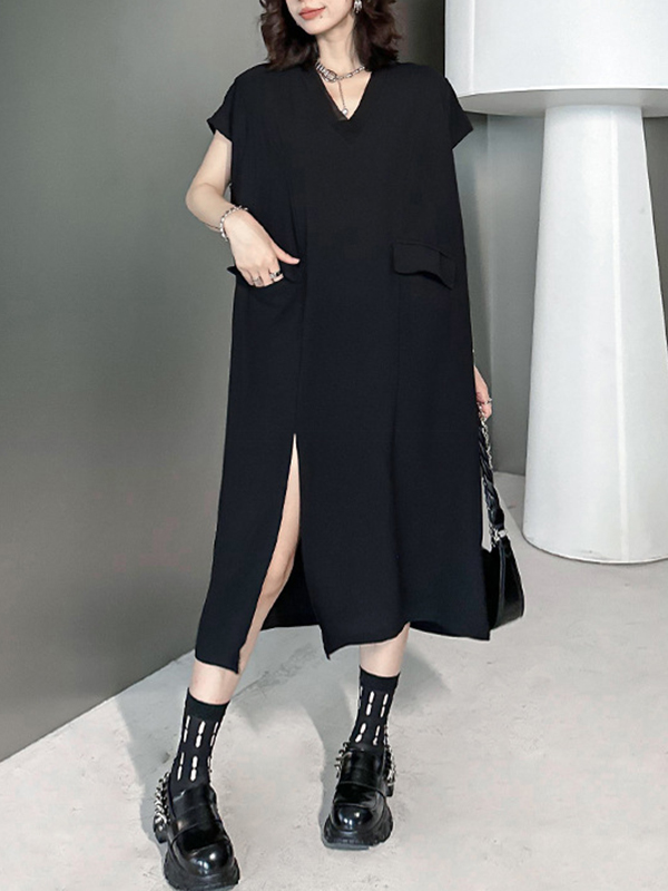 Loose Short Sleeves Asymmetric Solid Color Split-Joint Split-Side V-Neck Midi Dresses
