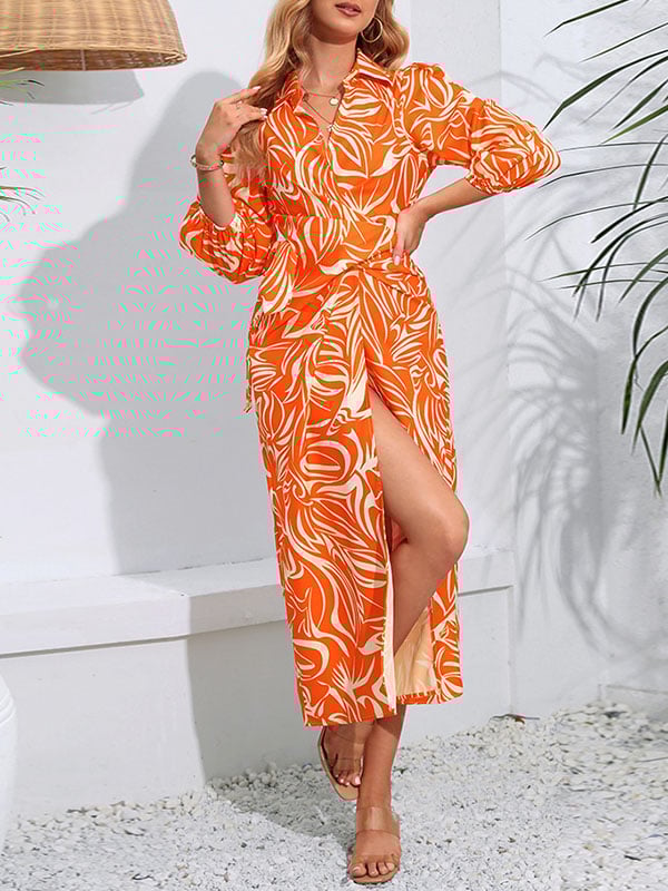 A-Line High Waisted Elasticity Printed Tied Waist Lapel Midi Dresses Shirt Dress