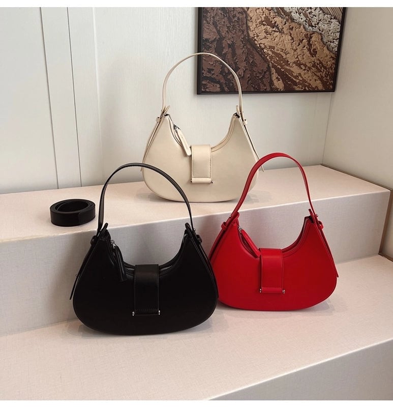 Women's Pu Leather Solid Color Classic Style Sewing Thread Dumpling Shape Zipper Buckle Shoulder Bag