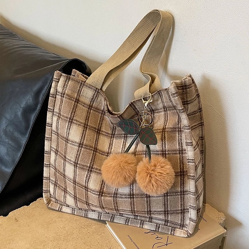 Women's Large Woolen Lattice Elegant Streetwear Square Open Tote Bag