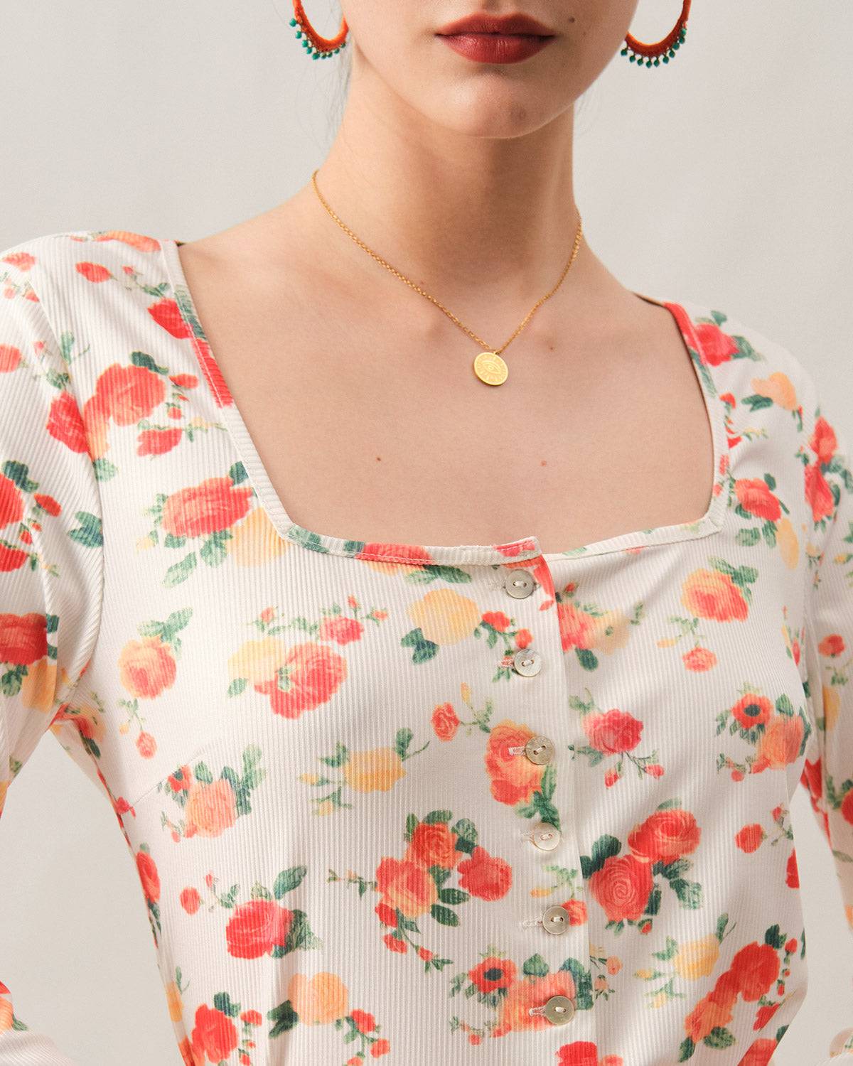 The Ribbed Floral Square Neck Knit Top