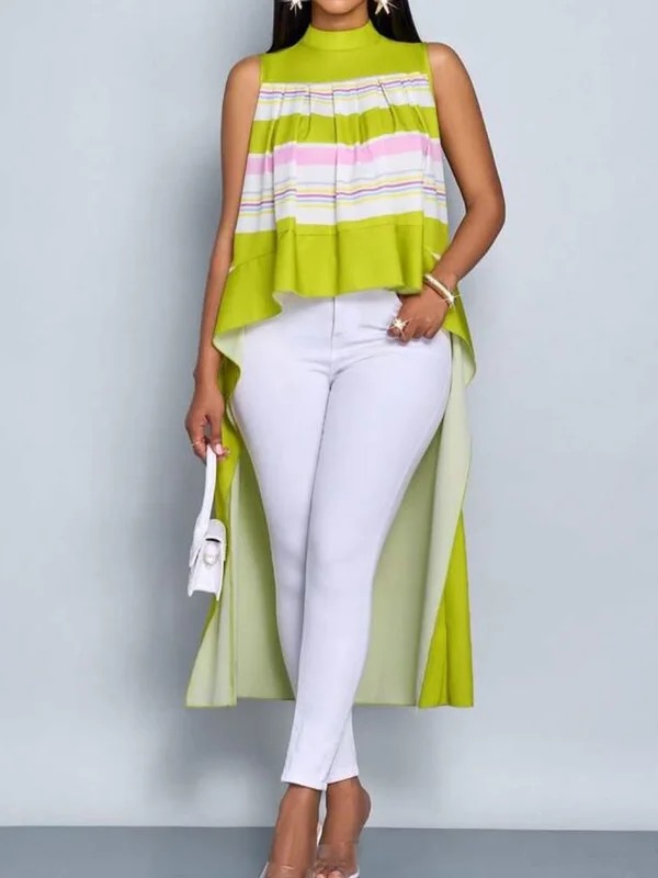 High-Low Loose Contrast Color Pleated Mock Neck Vest Top