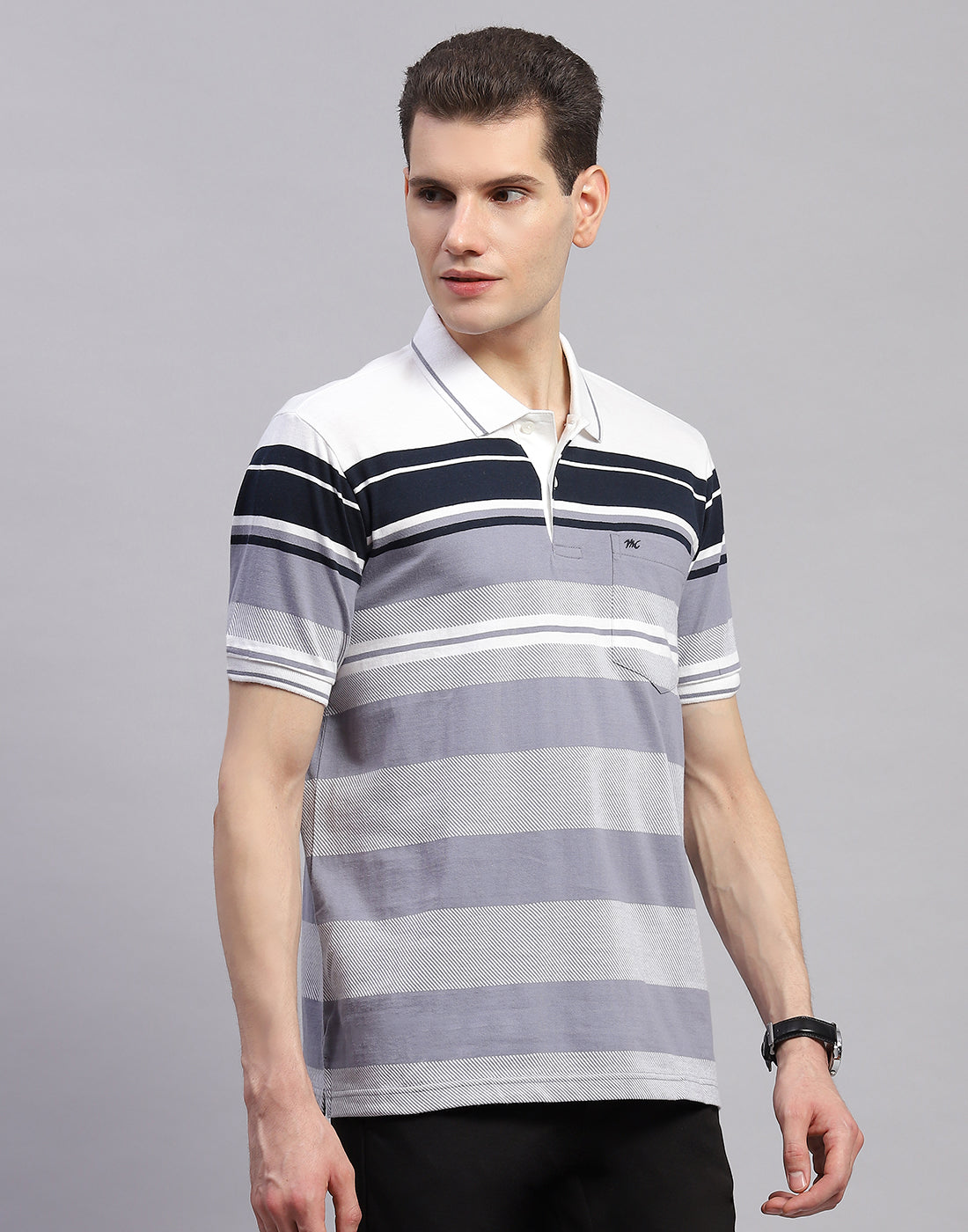 Men Navy Blue Stripe Collar Half Sleeve T-Shirt