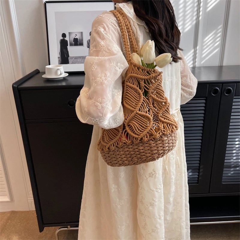 Women's Medium Spring&summer Cotton Solid Color Vacation Bucket Open Tote Bag
