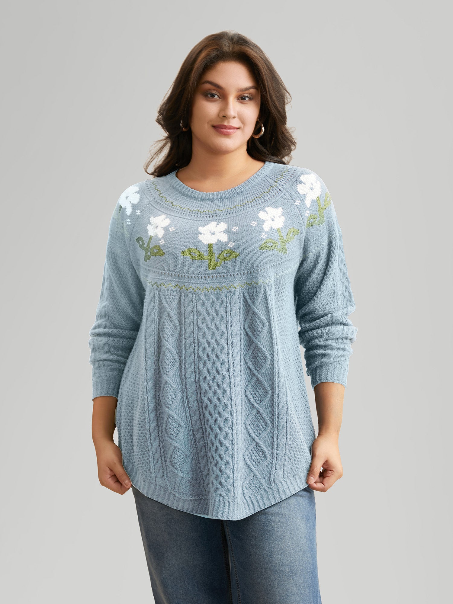 Floral Jacquard Raglan Sleeve Pullover