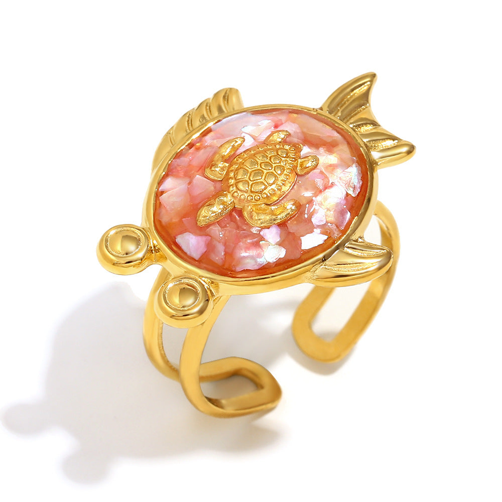 Niche Trend Stainless Steel 18K Gold Plated Cross Line Fishbone Flower Crab Turtle Open Ring