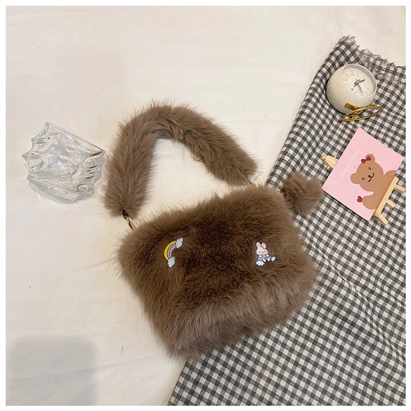 Women's Medium Plush Solid Color Vacation Classic Style Plush Chain Square Zipper Shoulder Bag