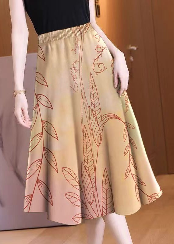 New Khaki Print Elastic Waist Cotton Skirt Summer