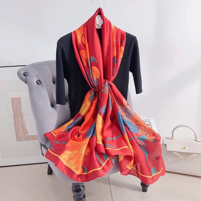 Silk Scarf Women's Spring And Autumn Fashion Printed Silk Elegant Scarf Thin Shawl Office Outer Warming Scarf