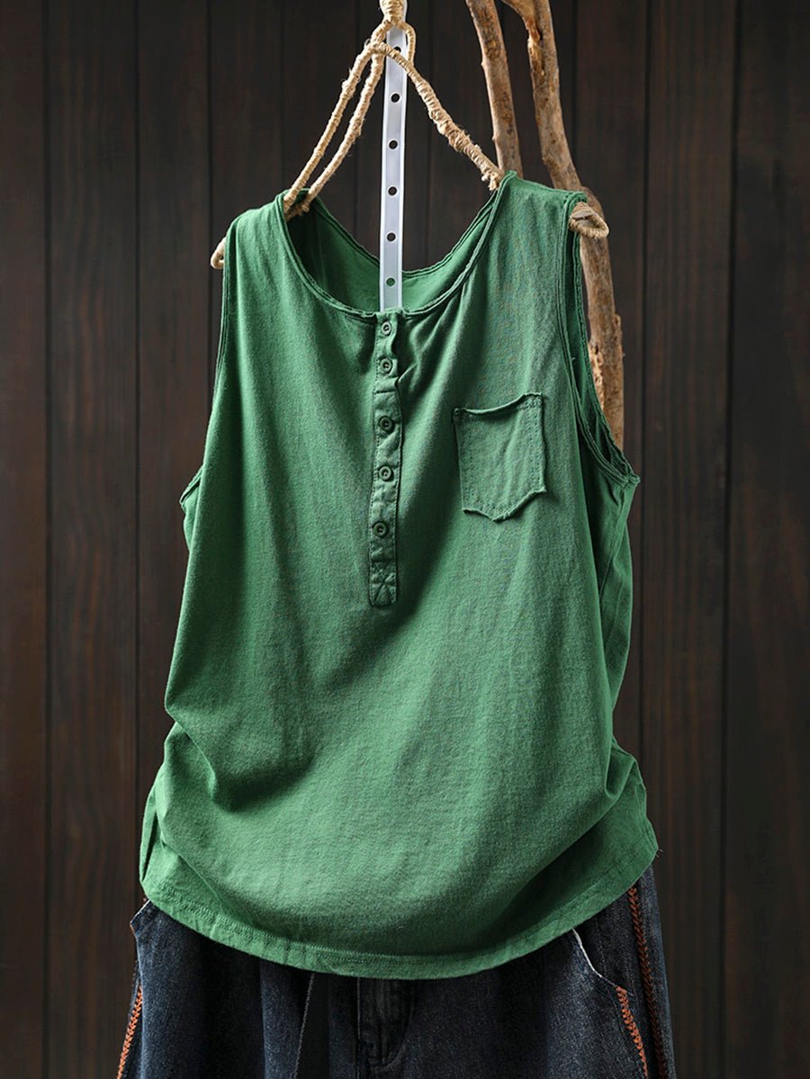Women Summer Casual Pure Color O-Neck 100%Cotton Vest