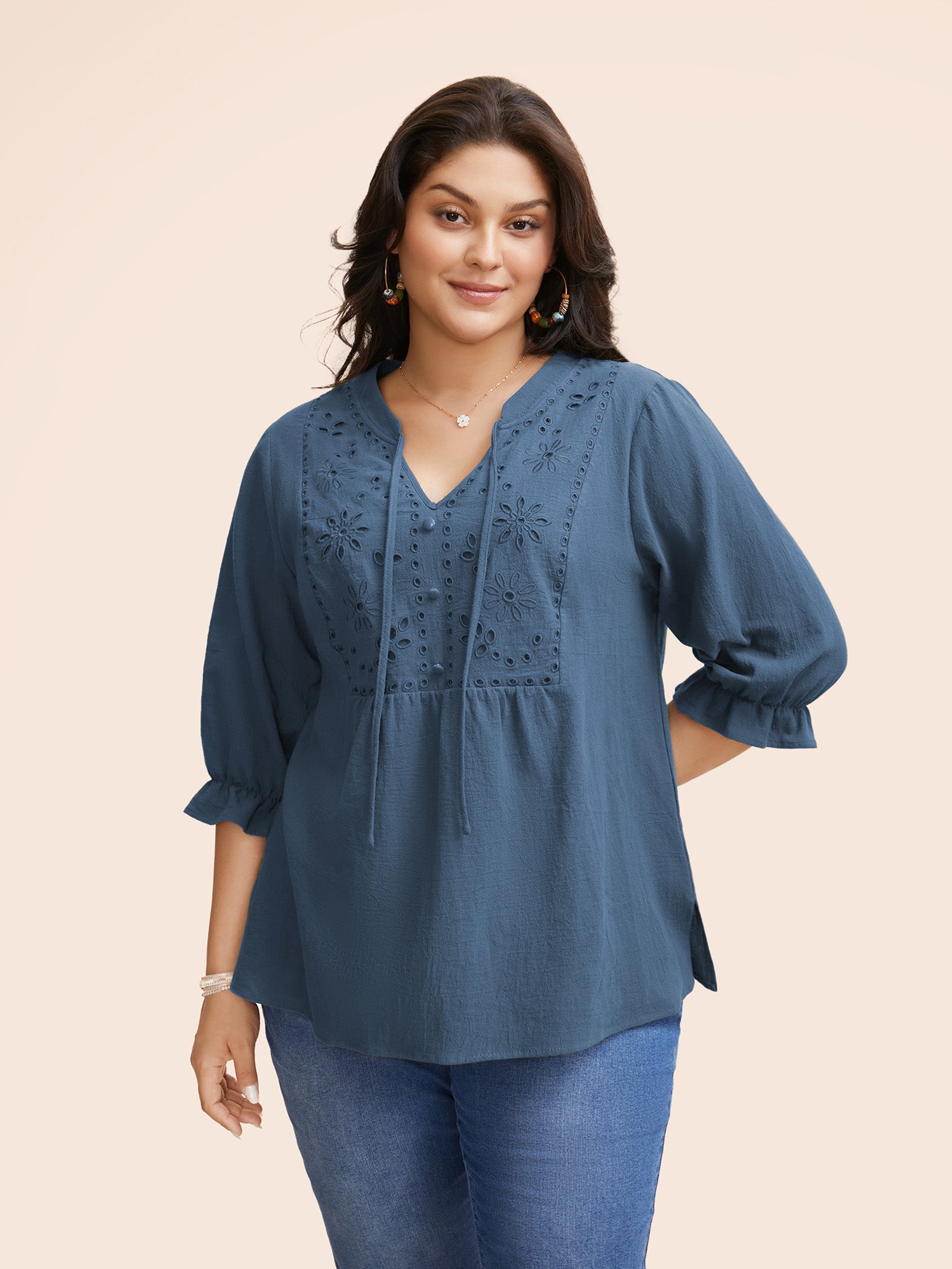 Broderie Anglaise Tie Knot Lantern Sleeve Blouse