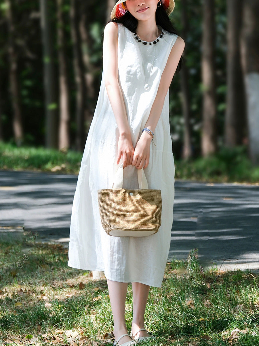 Women Summer 100%Linen O-Neck Sleeveless Dress