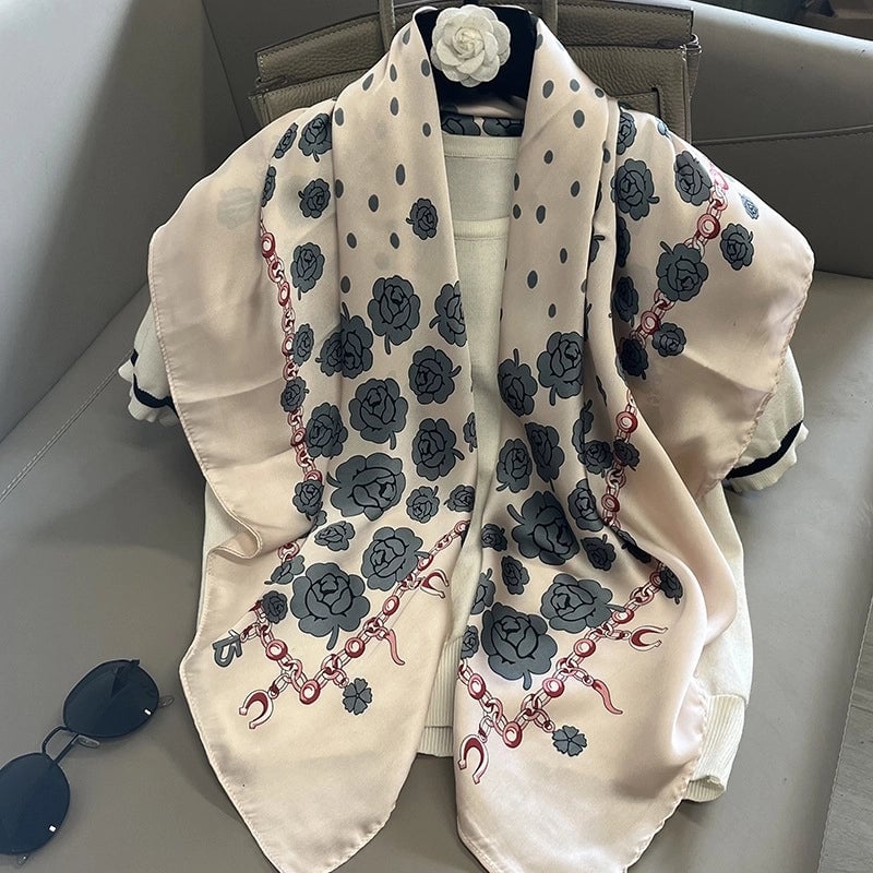 Women's Elegant Vacation Stripe Flower Polyester Silk Scarf