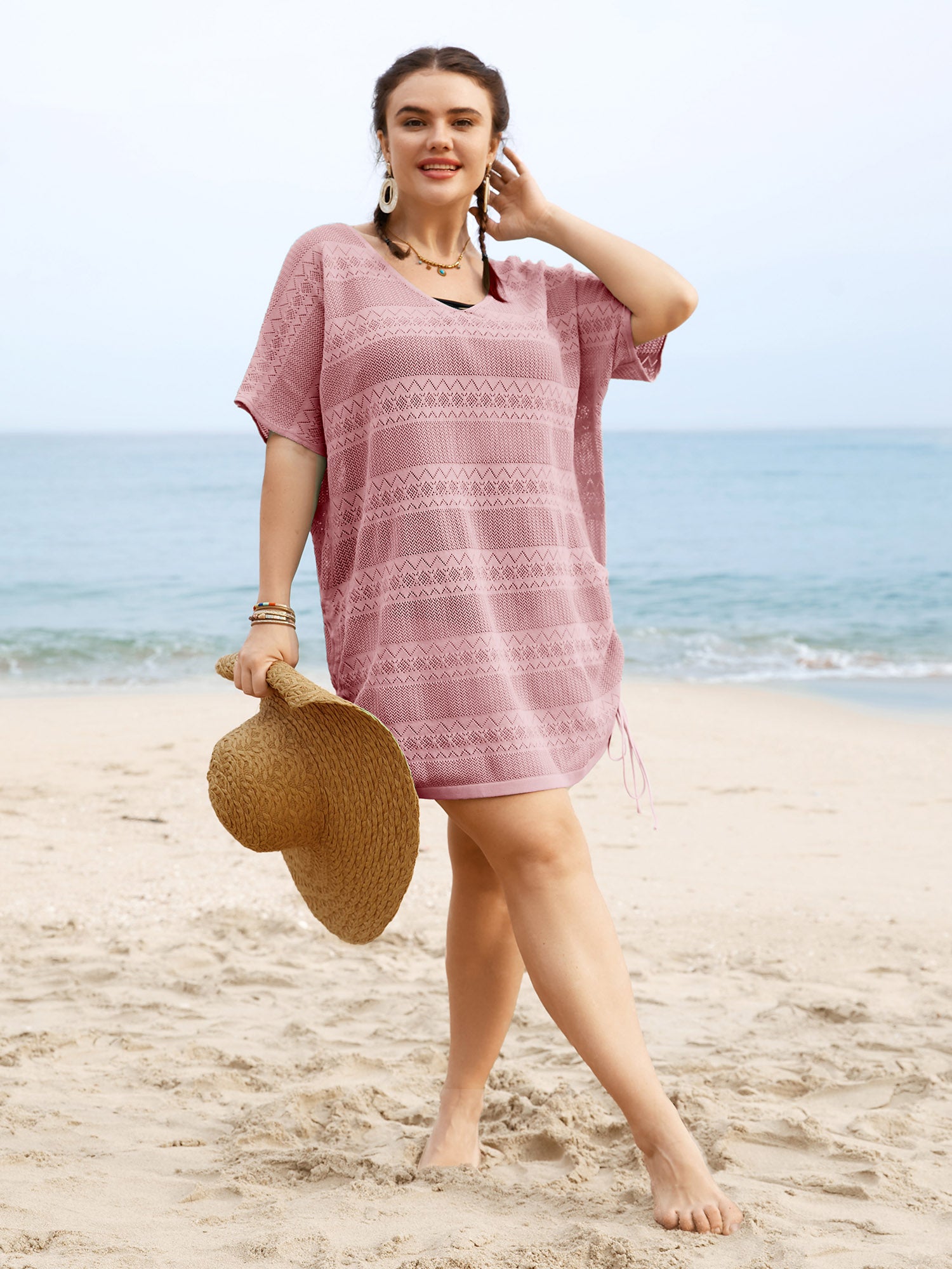 Deep V Neck Cut Out Drawstring  Swim Cover Up