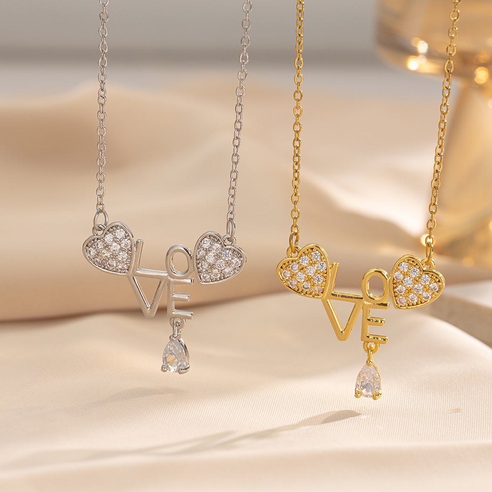 Diamond Letter Love Necklace Retro Fashion Design Heart-Shaped Clavicle Necklace