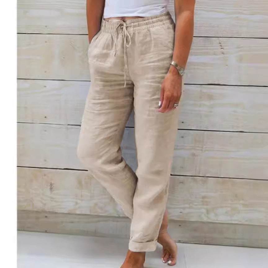 Women's high waist elastic waist solid color cotton and linen casual pants