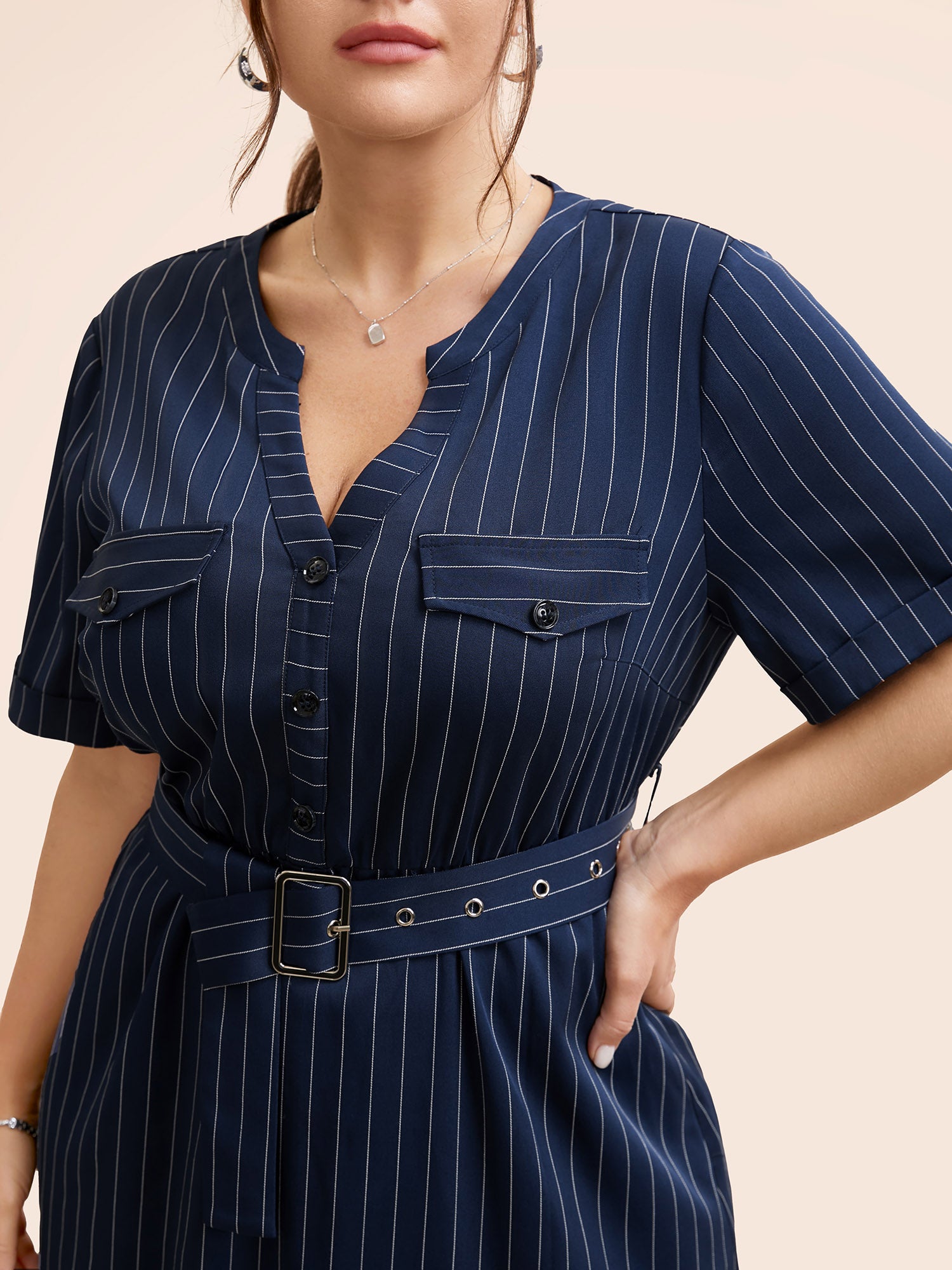 Striped Notched Button Detail Belted Dress